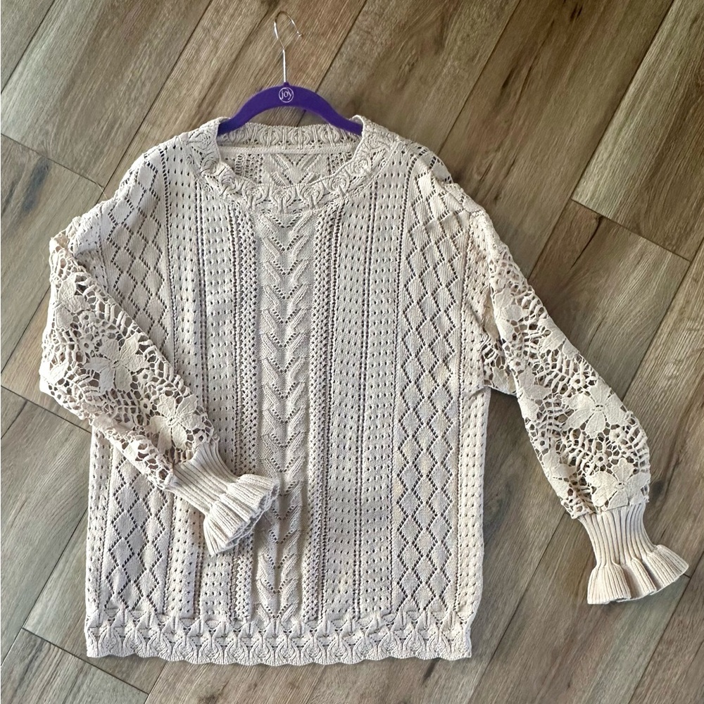 Tan Knit Sweater with Lace Sleeves